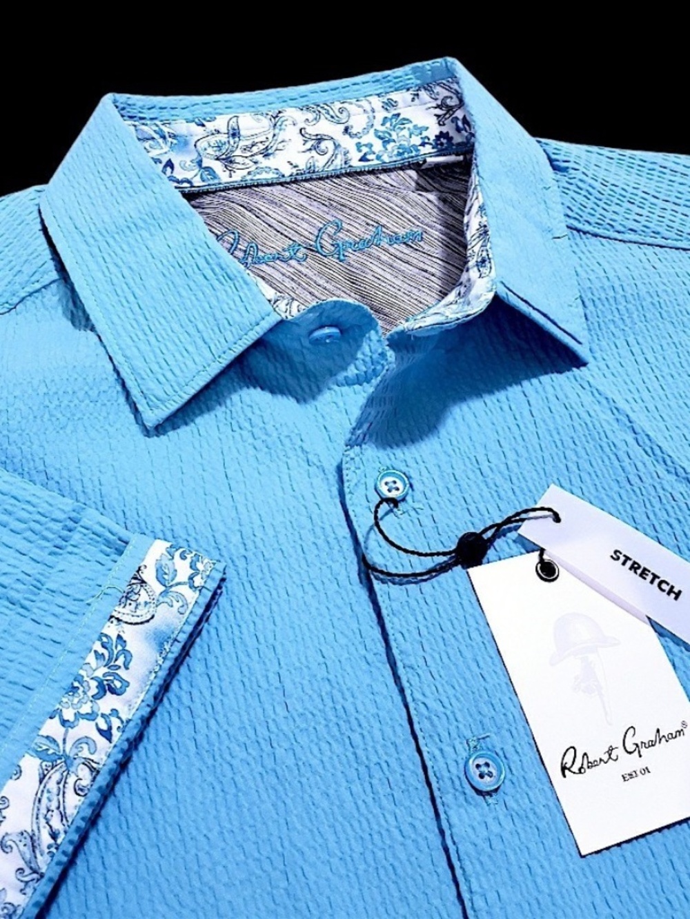 NEW Robert Graham Solid Paisley Short Sleeve Large Seersucker Blue Stretch Shirt